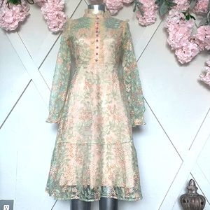Lace floral women’s sheer dress puff sleeves